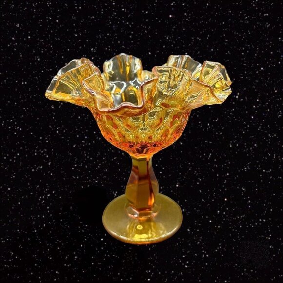 Fenton Amber Hobnail Ruffled Edge Compote Candy Dish Art Glass 6"T 5.5”W - Picture 11 of 14